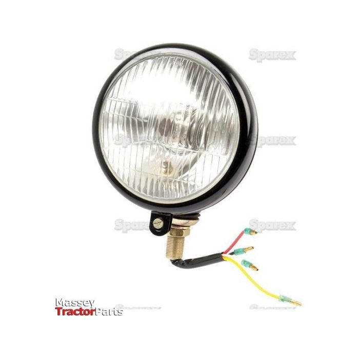 A round headlight with a black housing, clear lens, and exposed colored wires. The text "Massey Tractor Parts" is visible at the bottom left. This IP65-rated model, Sparex S.22400 Halogen Head Light (RH & LH), operates on 12V for enhanced durability and brightness.