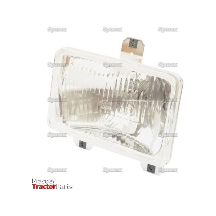 Rectangular clear headlight with a ribbed lens, mounting bracket, and halogen light source, branded by Sparex. This product is named "Head Light, (Halogen), RH & LH, LH Dip, 12V - S.43906.