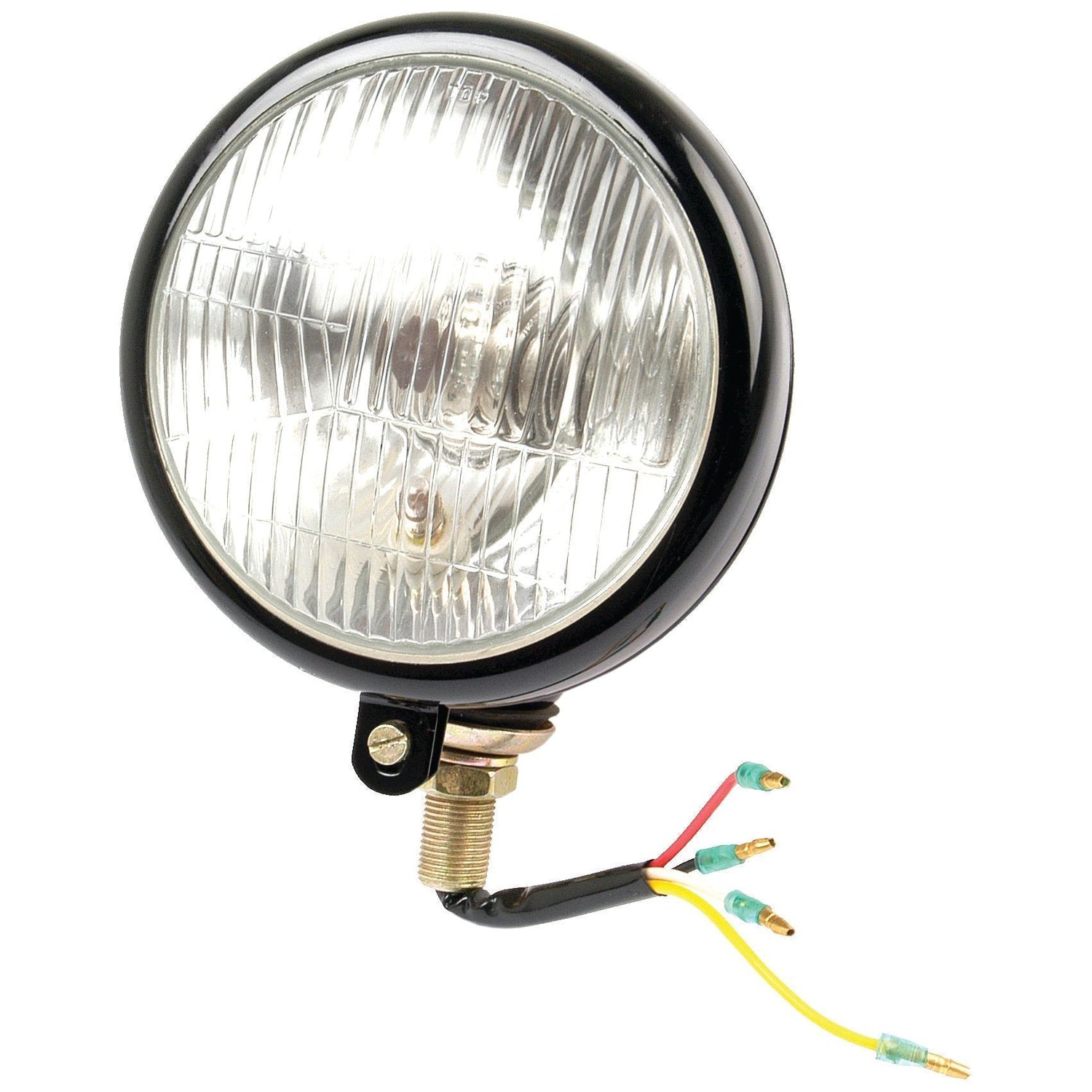 The Sparex Head Light, RH & LH, Straight, 12V - S.22400 is a round, clear halogen automotive headlight with a black casing, mounted on a metal bracket. It features an IP65 rating and has three exposed wires (red, yellow, and black) terminating in connectors.