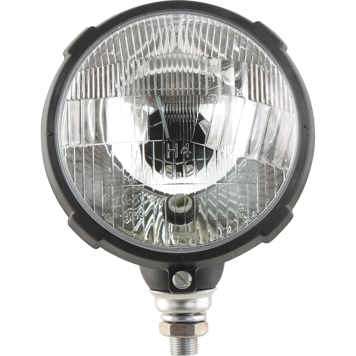 The Halogen Head Light RH & LH (RH Dip) - S.35552 from Sparex features a round automotive headlight with a clear lens, black plastic housing, silver reflective surface, central H4 halogen bulb, and an IP55 rating.