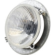 Close-up image of the round, clear, ridged headlight with a metal mounting bracket, featuring a sleek design by Sparex. Product name: Head Light, (Halogen), RH & LH, RH Dip, 12V - S.75956.