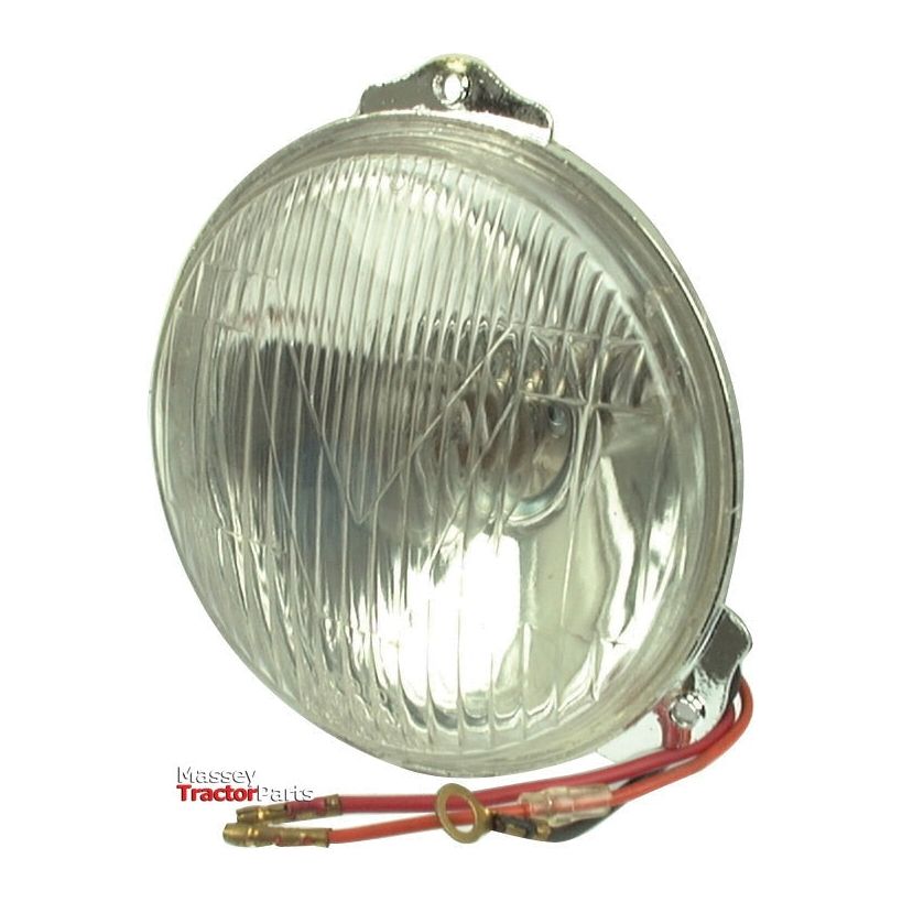 A round, transparent headlight with a ridged surface and two attached red wires with metal connectors, labeled "Massey Tractor Parts" in the bottom left corner. This Sparex Head Light (Halogen), RH & LH, Straight, 12V - S.71972 operates at 12V 25/25W, ensuring reliable performance for your equipment.