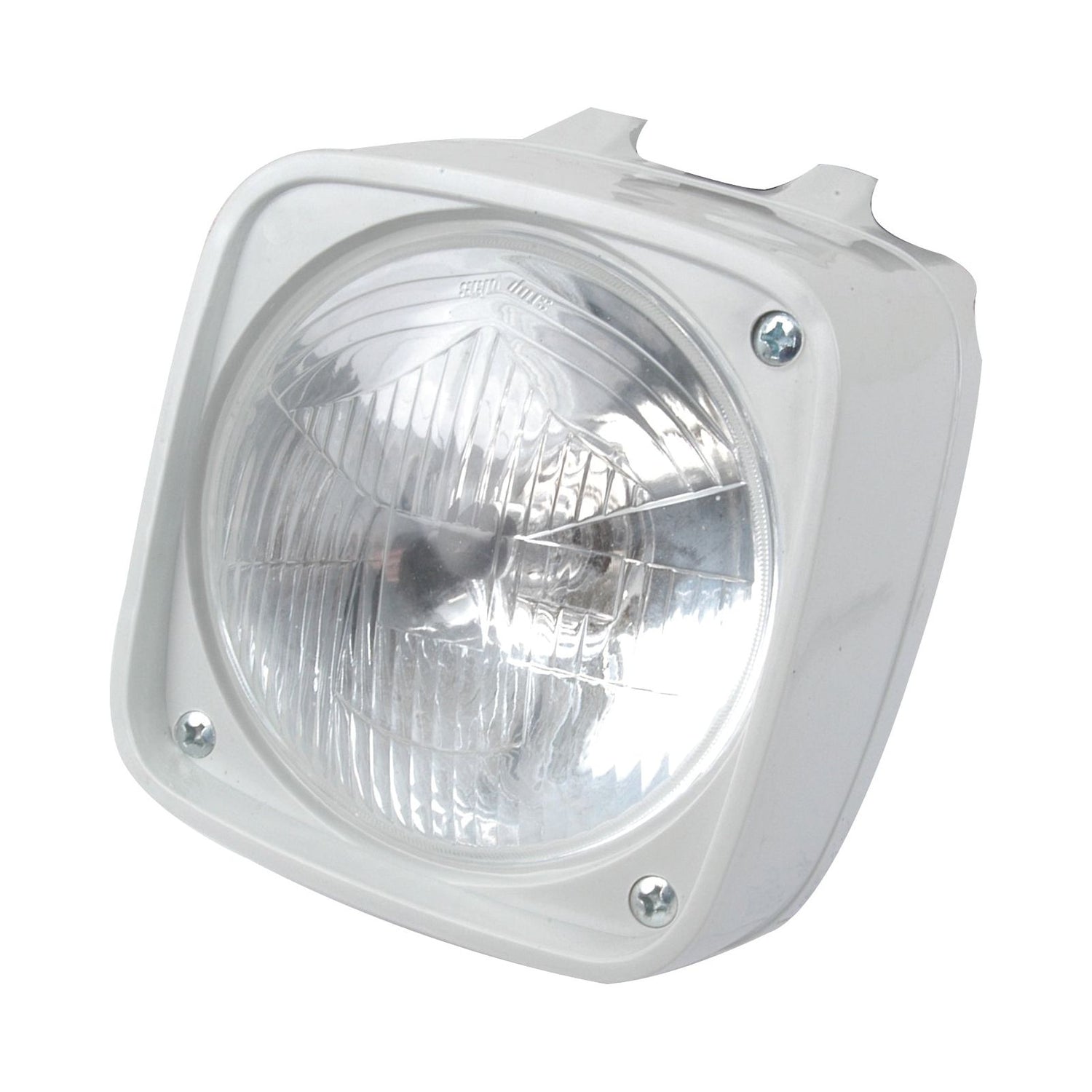 The Sparex Head Light and Cowl Kit (Halogen), S.66213, features a square-shaped headlight with a clear lens and white housing, a sturdy headlight cowl, and is secured by four screws at the corners. It includes both right-hand (RH) and left-hand (LH) lights with RH dip functionality for 12V systems.