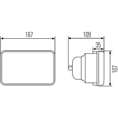Diagram showing dimensions of the Sparex Head Light (Halogen), RH & LH, RH Dip, 12V - S.31920: width 167 mm, depth 109 mm, height 107 mm, and an additional 35 mm protrusion, designed to accommodate a Hella Bulb.