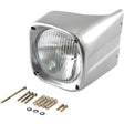 A Sparex Head Light and Cowl Kit (Halogen), LH, RH Dip, 12V - S.42047 in silver is showcased with mounting screws, springs, and additional hardware in front of it. It features a durable IP65 Halogen Light for optimal performance.
