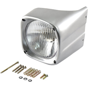 A Sparex Head Light and Cowl Kit (Halogen), LH, RH Dip, 12V - S.42047 in silver is showcased with mounting screws, springs, and additional hardware in front of it. It features a durable IP65 Halogen Light for optimal performance.