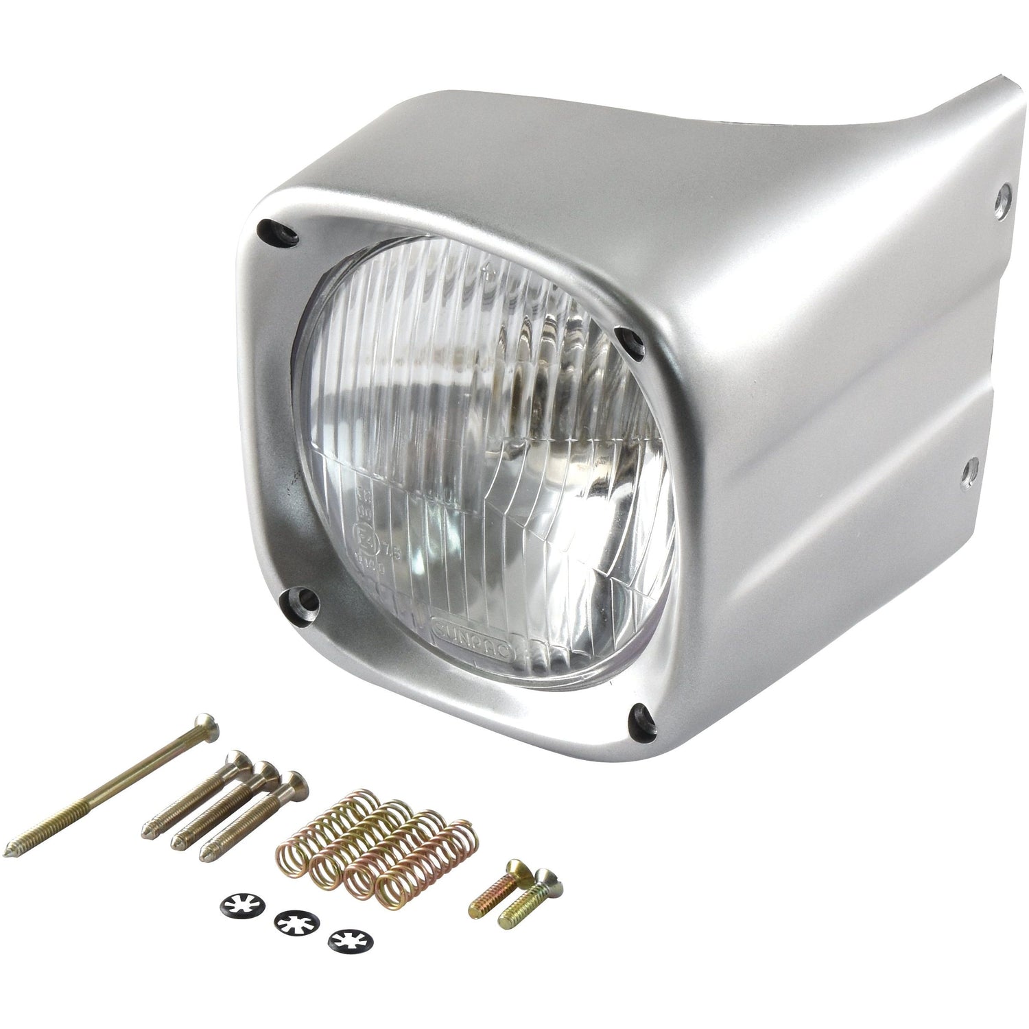 The Sparex Head Light and Cowl Kit (Halogen), S.42047, featuring a square metal housing with a clear lens, is supplied with screws, springs, and small parts arranged next to it. This robust kit is perfect for durable applications and supports 12V LH and RH Dip configurations.