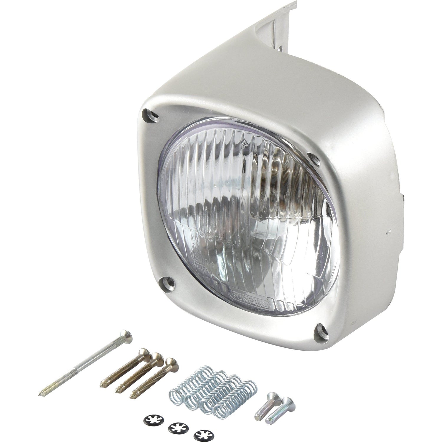 A Sparex Head Light and Cowl Kit (Halogen, RH, RH Dip, 12V - S.42048) square halogen headlight with mounting screws, springs, and hardware placed in front of it.