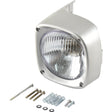 A square headlight with a metal frame, clear lens, and mounting hardware including screws, springs, and nuts is displayed on a white background. This durable Head Light and Cowl Kit (Halogen), RH, RH Dip, 12V - S.42048 by Sparex also features an IP65 rating for excellent water and dust resistance.