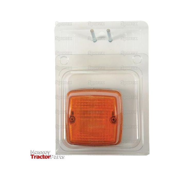 Close-up of an orange Halogen Indicator Light, RH & LH - S.27109 with a polycarbonate lens in plastic packaging labeled "Sparex," featuring the "Massey Tractor Parts" logo on the lower left corner.