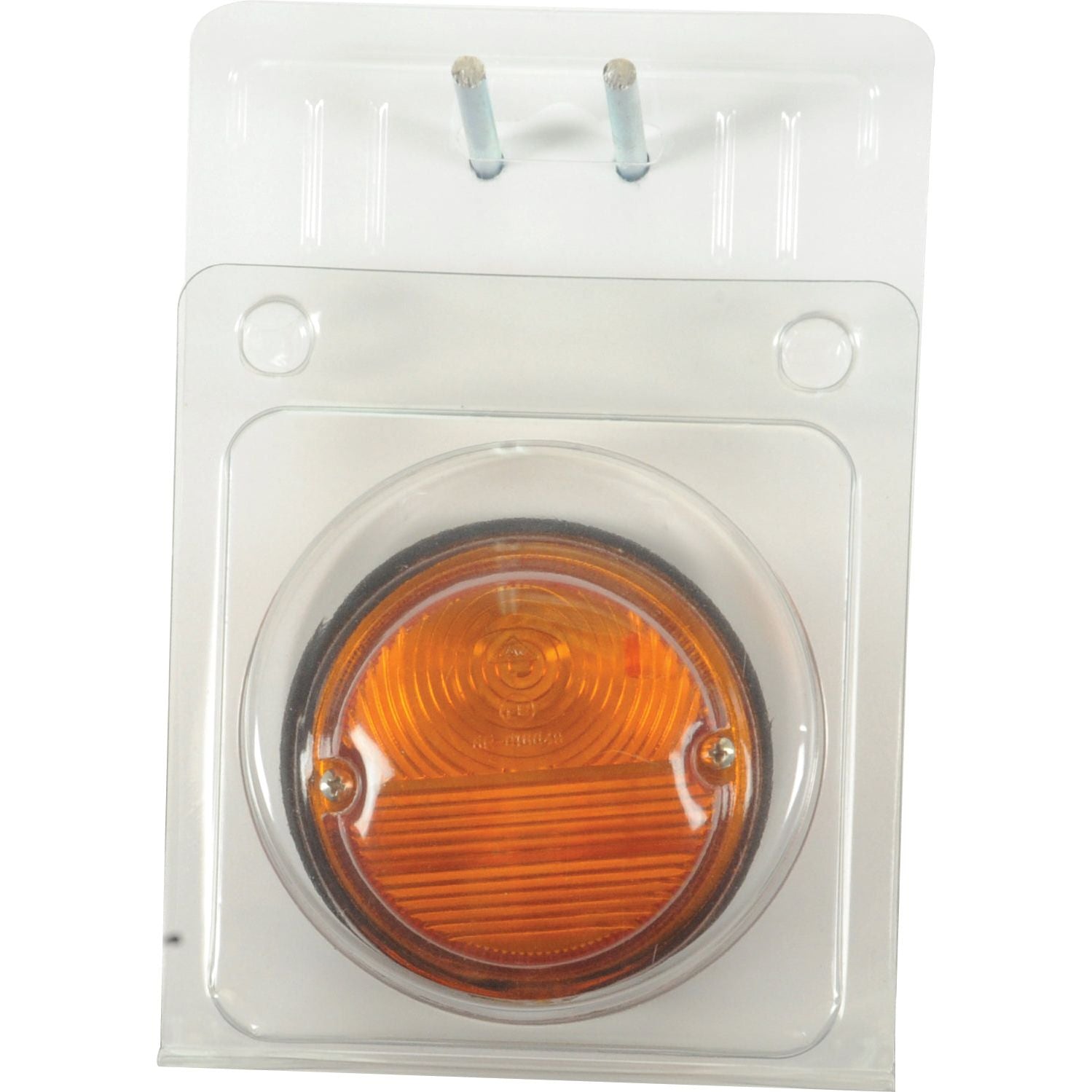 The Halogen Indicator Light, RH & LH - S.27155 by Sparex is a circular amber LED light encased in transparent plastic packaging with a cardboard backing. It features an amber lens and two metal prongs at the top, making it compatible with Sparex 56032.
