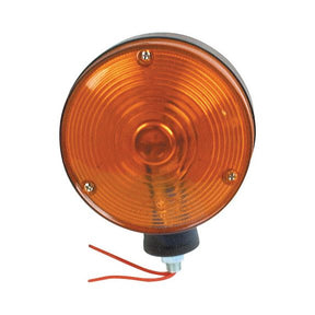 A Sparex Indicator Light featuring a round amber lens with a concentric circular pattern, mounted on a black base, and equipped with red and black wires at the bottom. Suitable for both right-hand (RH) and left-hand (LH) configurations, this halogen light operates on 12V (Product Code: S.71976).