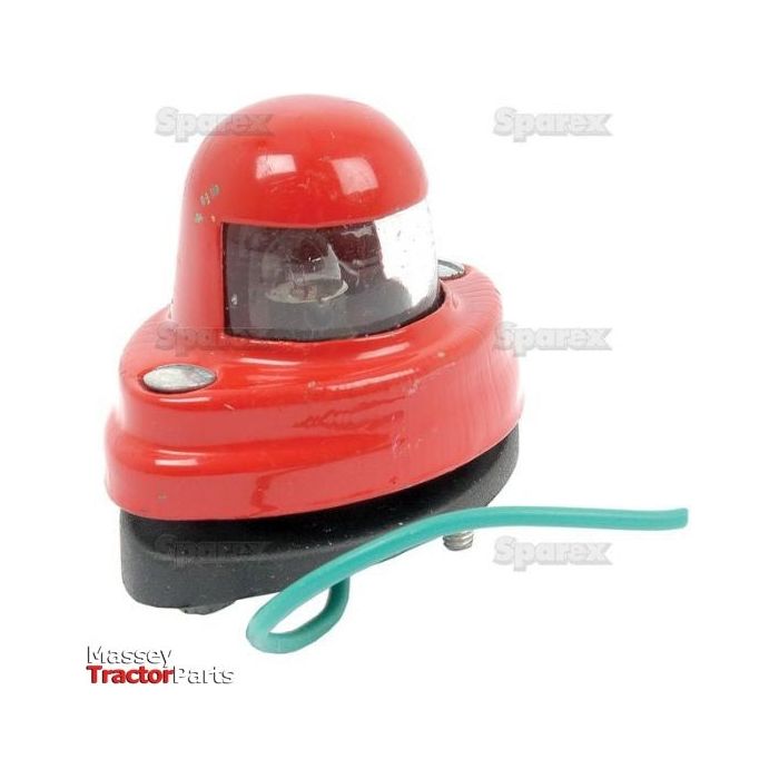 The Sparex Halogen Instrument Panel Light (Sparex Part No. S.43718) is a small red tractor light with a clear lens and two mounting screws, featuring a teal electrical wire, perfect for Massey Ferguson models.