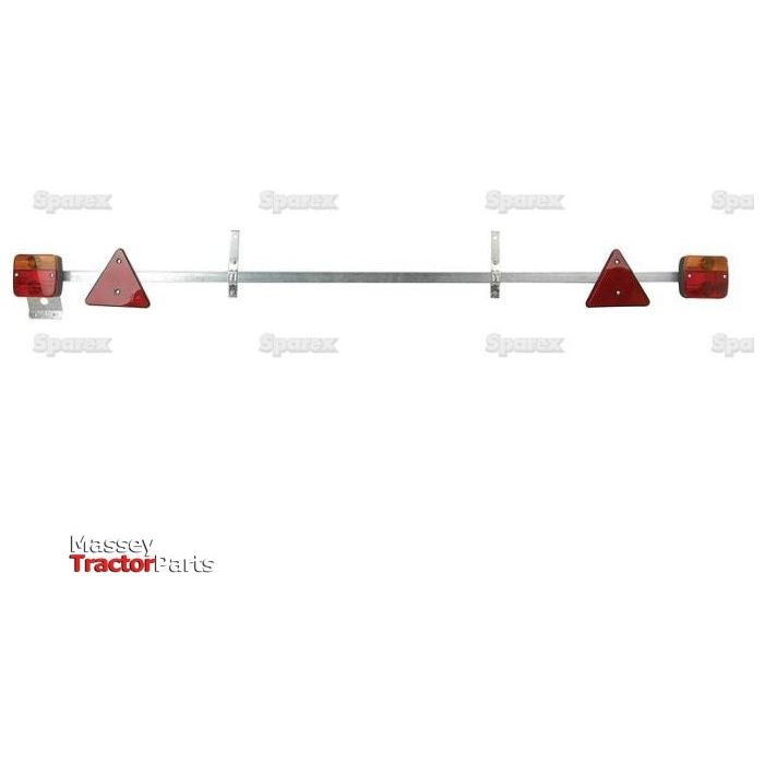 The Sparex Lighting Bar (Halogen), 1.6m, 12V (Sparex Part No. S.5974) features two rectangular red lights on each end, two triangular reflectors in the middle, and is designed for brake, tail, indicator, and number plate functions to improve visibility and safety.