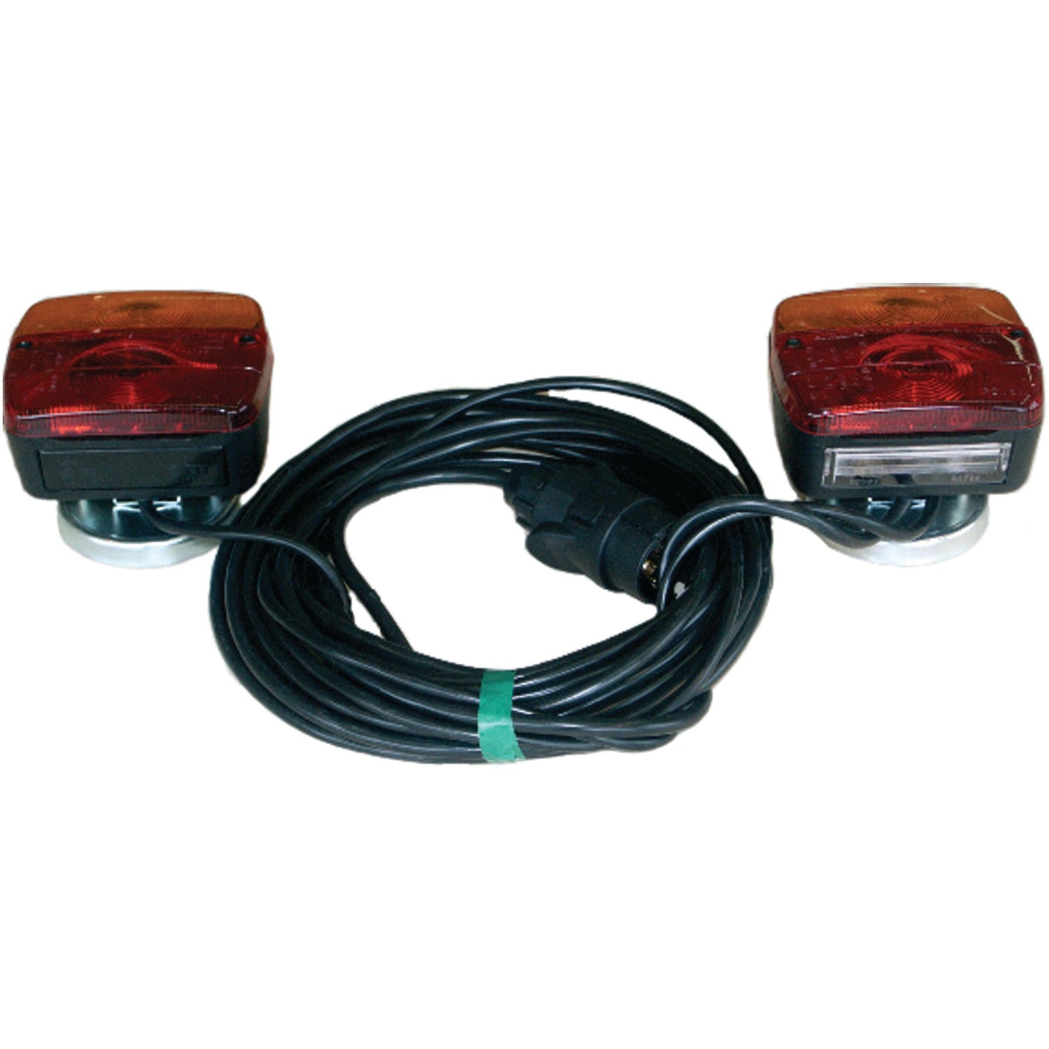 Two red and orange vehicle tail lights from the Sparex Halogen Lighting Set are connected by a 7-meter long black cable secured with a green tie.