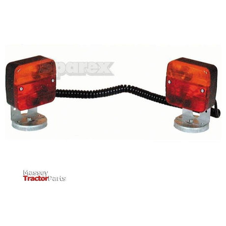 A pair of red rectangular tractor lights connected by a coiled wire, featuring a halogen light source. The base is silver, and the image is labeled "Massey Tractor Parts." This product is the Sparex S.5003 Lighting Set (Halogen), with 3 functions: Brake, Tail, and Indicator, operating at 12V.