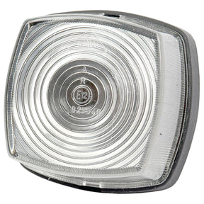 The Marker Light - Front Facing (Halogen), RH & LH, 12/24V - S.56024 by Sparex is a clear, circular signal light with a black base and the marking "E12 R" on the polycarbonate lens.