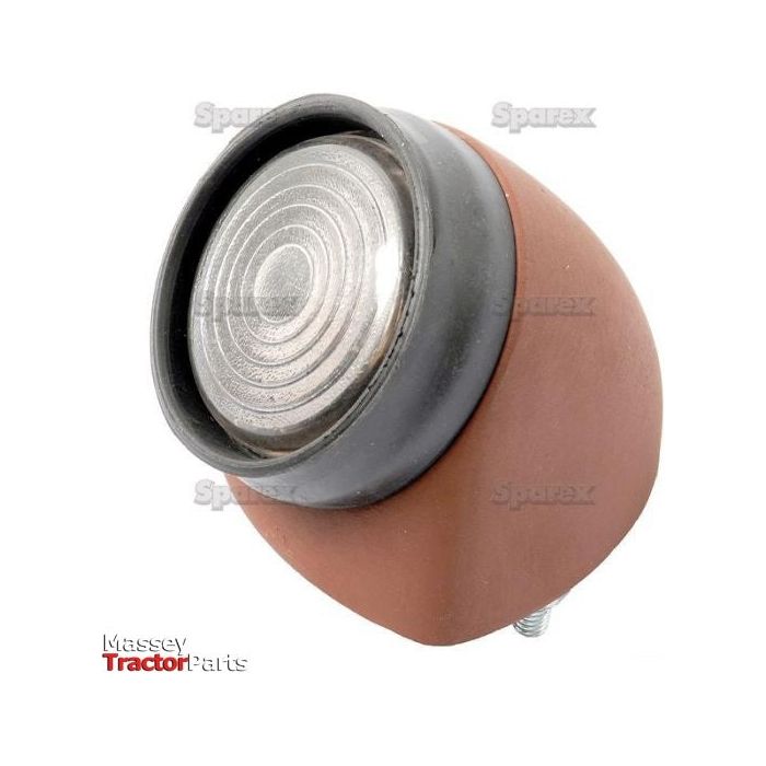 A close-up of a brown tractor headlight with a distinct, circular clear lens. The image features the logos "Sparex" and "Massey Tractor Parts," identifying it as a Sparex product intended for Massey tractors. This 12V right-hand front-facing halogen marker light (S.66738) ensures maximum visibility in low-light conditions.