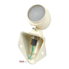 A Sparex Marker Light - Front Facing (Halogen), RH & LH, 12V - S.66844 features a white round tractor work light with a triangular mounting bracket and a green wire extending from its base, known for its compatibility with Sparex parts.