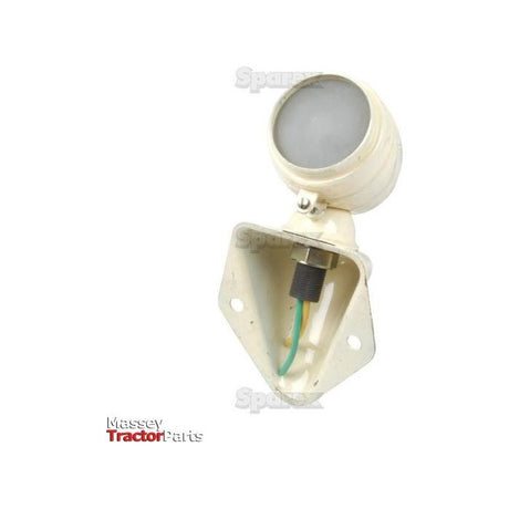 A white metal halogen light fixture with a mounting bracket and exposed wires, featuring the texts "Massey Tractor Parts" and "Sparex." It is an ideal Marker Light - Front Facing (Halogen), RH & LH, 12V - S.66844 for your tractor.