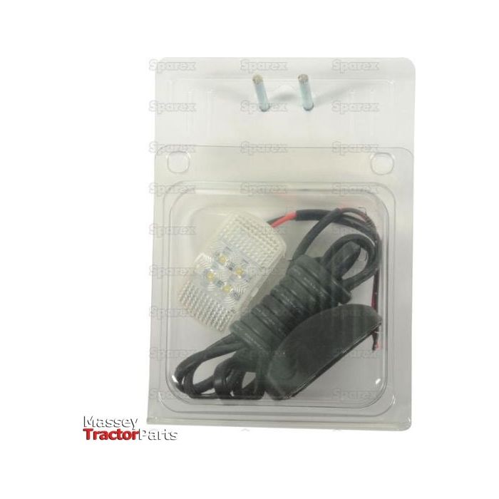 A packaged halogen marker light (S.27223) from Sparex, front-facing and compatible with 12/24V systems, includes wiring and mounting components, featuring the Massey Tractor Parts logo. This IP67-rated product ensures durability and reliability.