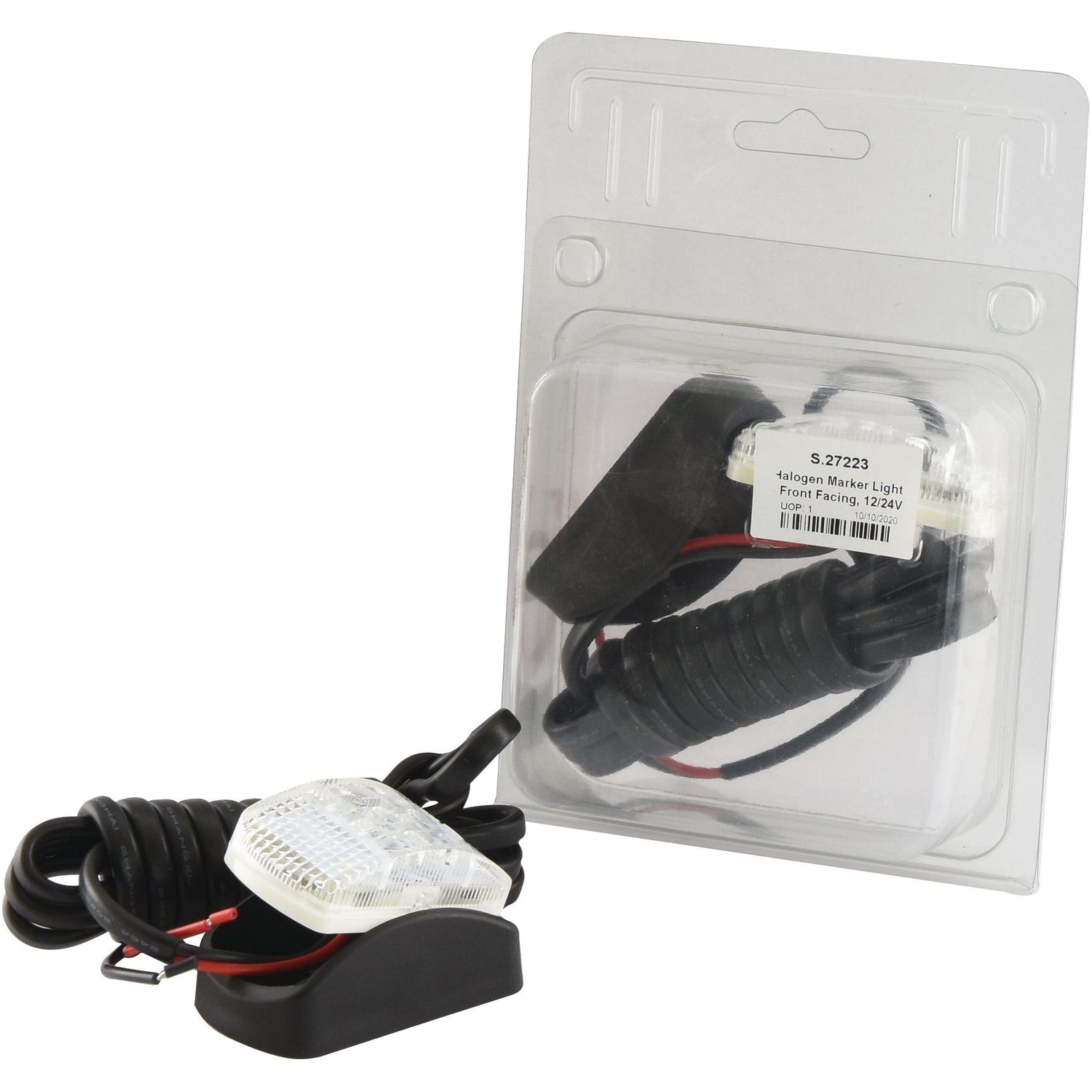 A packaged Sparex Halogen Marker Light - Front Facing, 12/24V (part number S.27223) sits next to an IP67-rated coiled light and wiring set outside the packaging.
