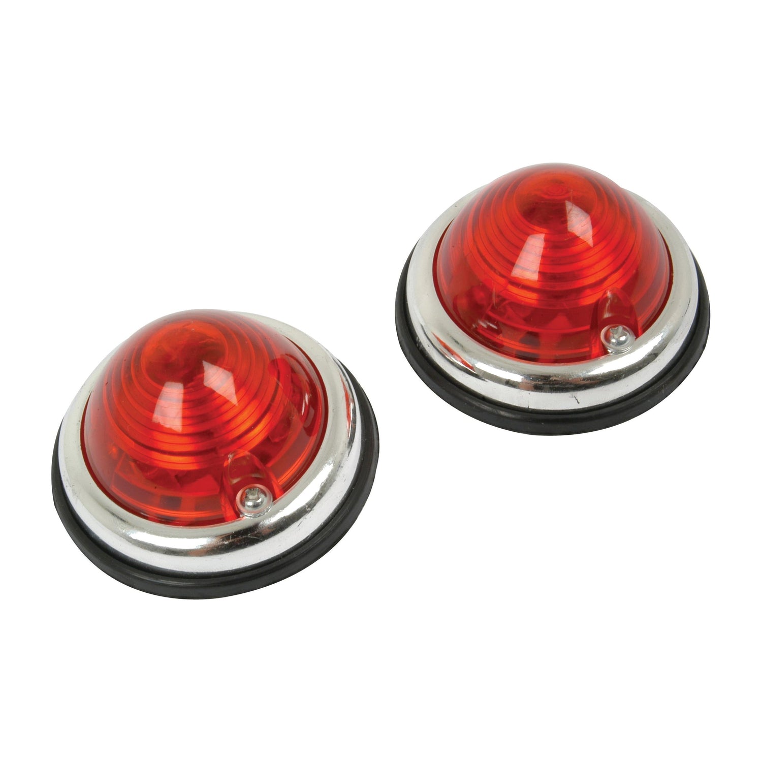 The Marker Light - Rear Facing (Halogen), RH & LH, 12V - S.13583 from Sparex consists of two small, round red lights with chrome trim and black bases, typically used as signal or indicator lights on vehicles.