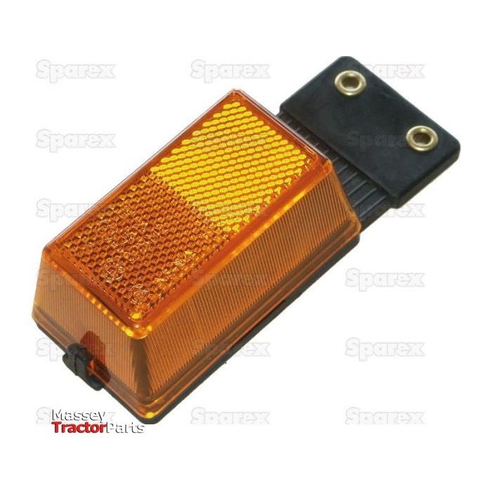 A Sparex Halogen Marker Light - Side Facing, 12/24V (S.23360) features a rectangular orange halogen lens with a slightly raised textured surface. It is mounted on a black base with two metal connectors, and the amber lens enhances visibility. The background contains faint "Sparex" logos and "Massey Tractor Parts.