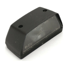 The Sparex Halogen Number Plate Light 12V - S.35540 is a black rectangular light with a clear plastic cover, featuring two screw holes on the top for mounting.
