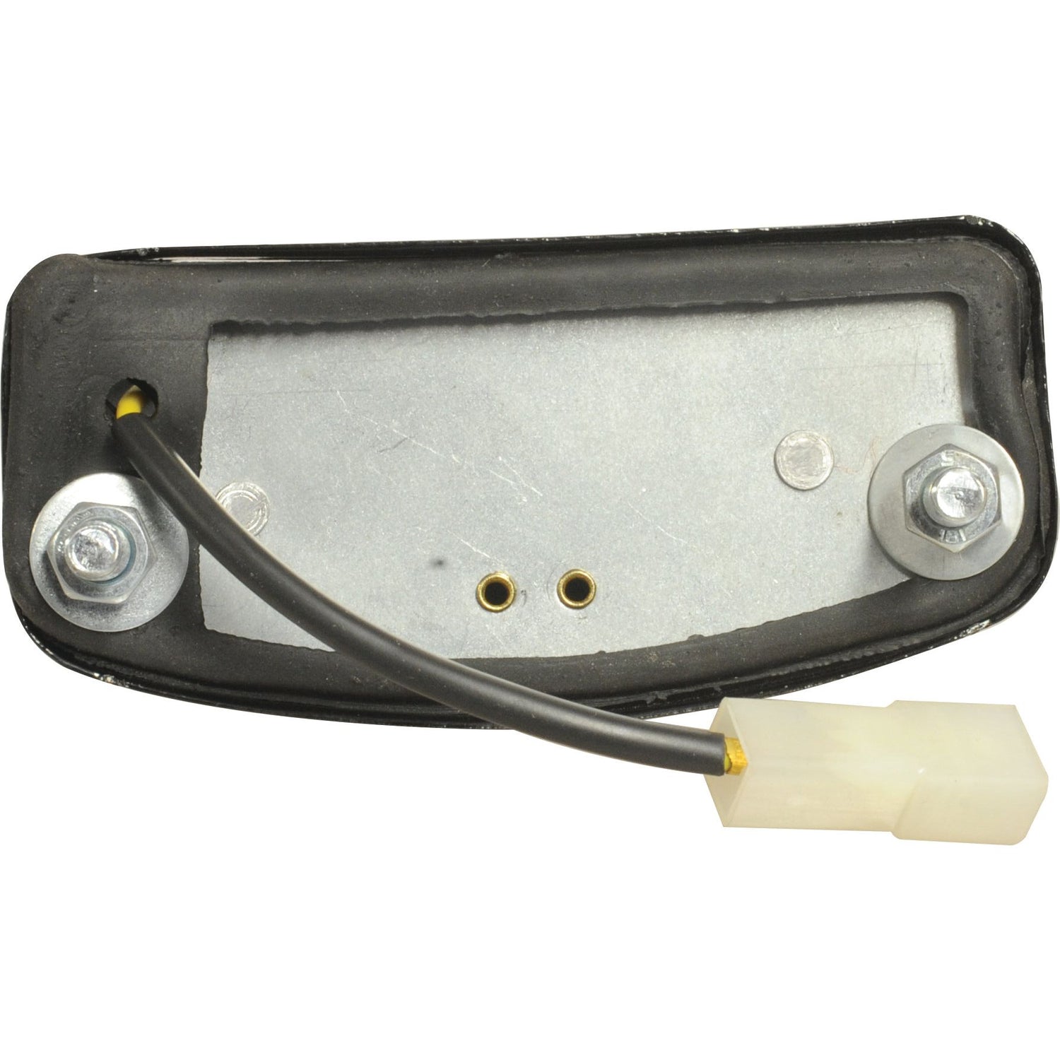 The Sparex Number Plate Light (Halogen), 12V, RH & LH - S.41132 features a gray rectangular metal body with two screws, a black wire, and a white plastic connector, ensuring reliable connections for your devices.