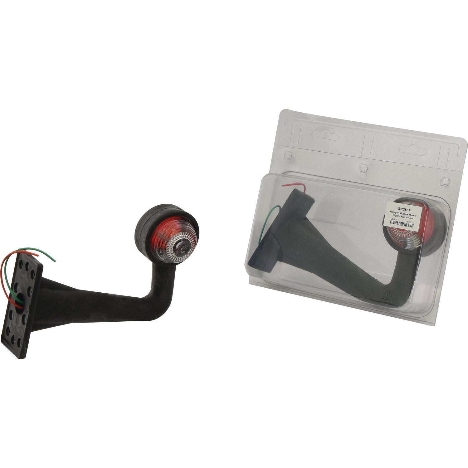 Two Sparex E Approved Outline Marker Lights (Front/Rear Halogen) for vehicles, model S.22557. One, featuring a durable polycarbonate lens, is displayed outside its packaging with wires exposed; the other is sealed in a transparent plastic package.