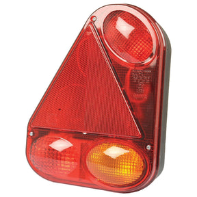 The Halogen Rear Combination Light 12V, LH - S.26640 by Sparex is a red and orange rear trailer light featuring multiple sections, including a triangular reflector, positioned vertically with quick connectors for easy installation.