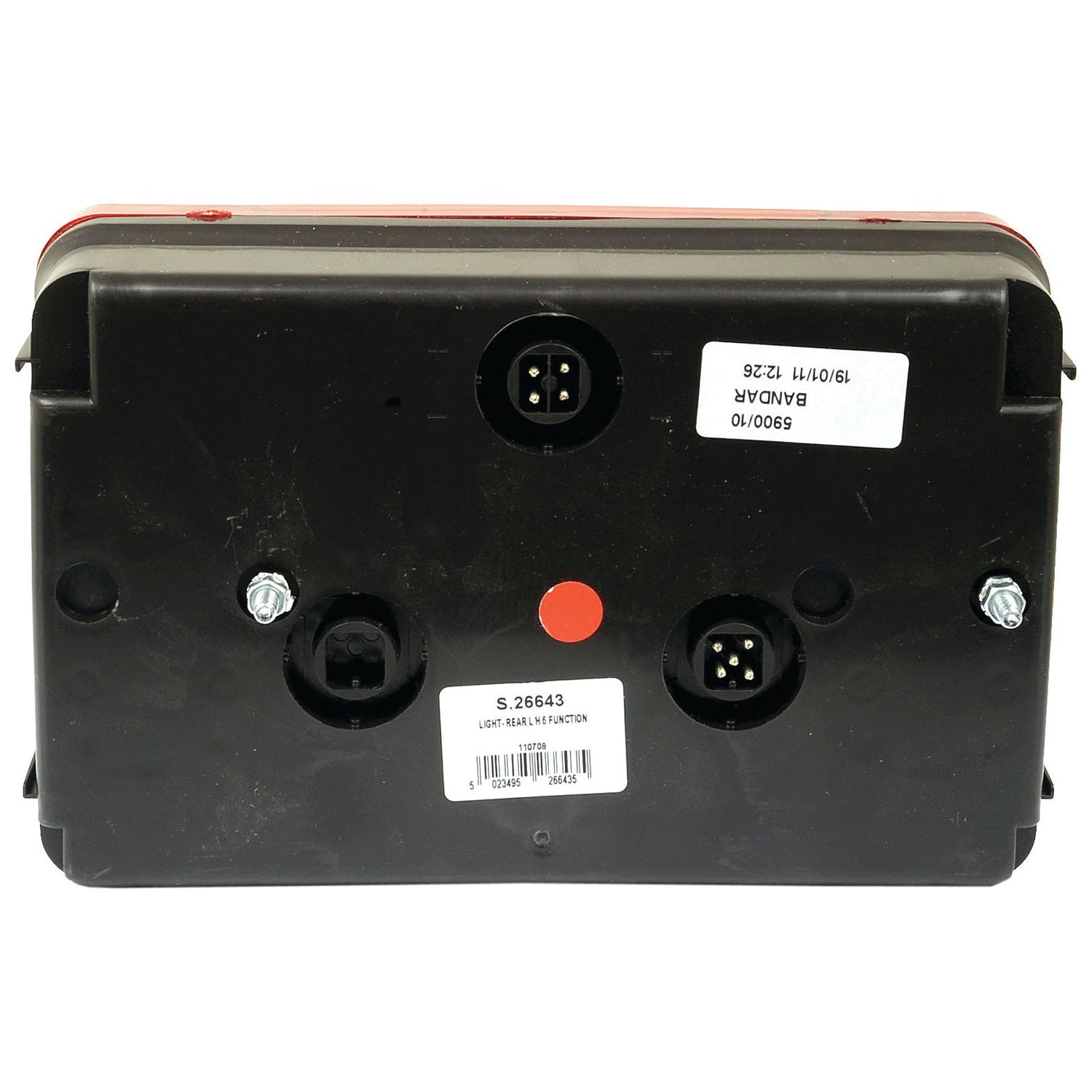 Rear view of a rectangular black and red electronic component, the Sparex Rear Combination Light (Halogen), with six functions (Brake / Tail / Indicator / Fog / Number Plate / Reflector) for the left-hand side, featuring two ports, three mounting holes, and two barcode labels.