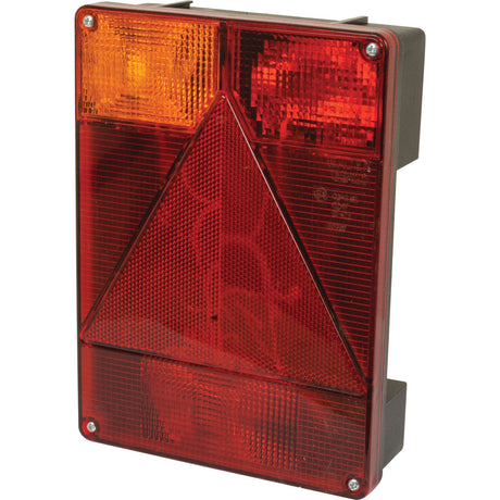 The Sparex Halogen Rear Combination Light 12V, LH - S.26651 is a rectangular vehicle taillight assembly that includes red and amber lights, a prominent red reflective triangle, various shapes of red reflectors on its surface, and user-friendly Stud connections for hassle-free installation.