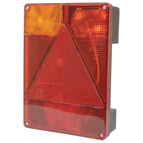 The Sparex Halogen Rear Combination Light 12V, LH - S.26659 is a rectangular tail light featuring red, amber, and clear lens segments, a red triangular reflector at the center, and halogen bulbs for enhanced brightness.