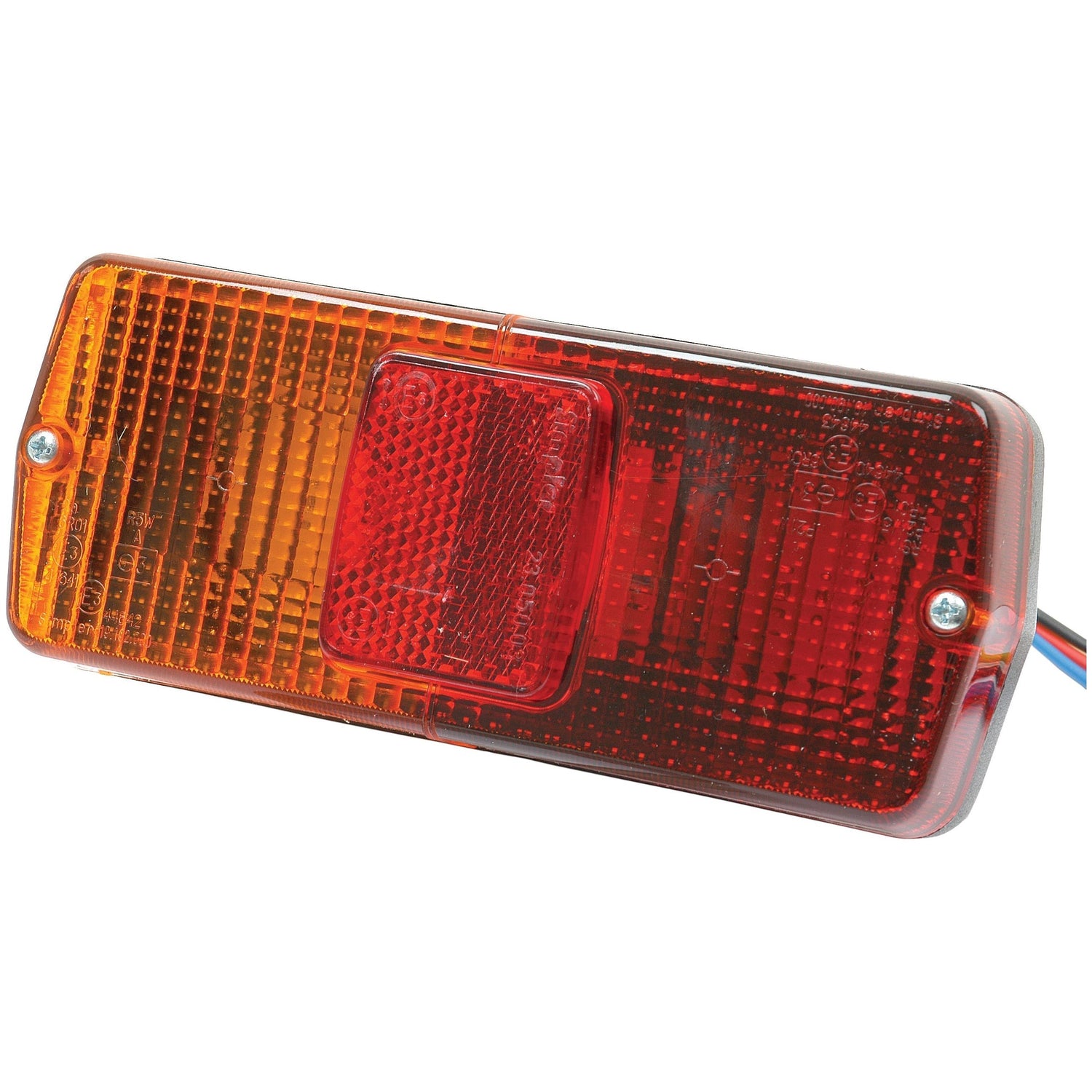 The Sparex Rear Combination Light, model S.41127, is a 12V halogen tail light designed for brake, tail, and indicator functions on the left-hand side. It features red and amber sections within a rectangular shape, with a textured surface for enhanced visibility. The light includes two screws for secure mounting and comes with attached wires on one end.
