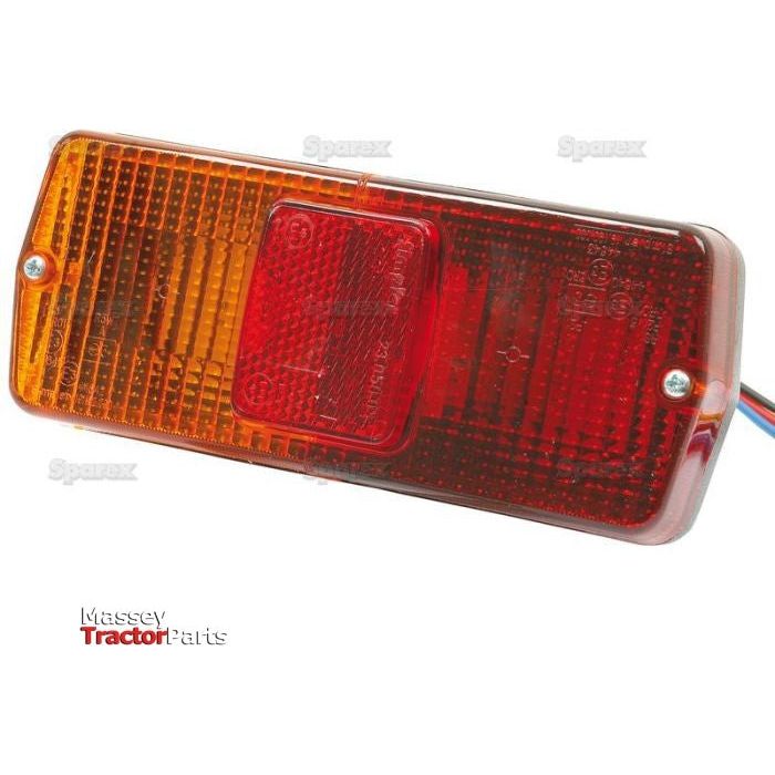 A rectangular rear combination light for the left-hand side of a tractor, featuring red and orange sections with visible wiring and screw mounts. This 12V halogen light functions as a brake, tail, and indicator light, and includes text reading "Massey Tractor Parts" and "Sparex". Model number S.41127.