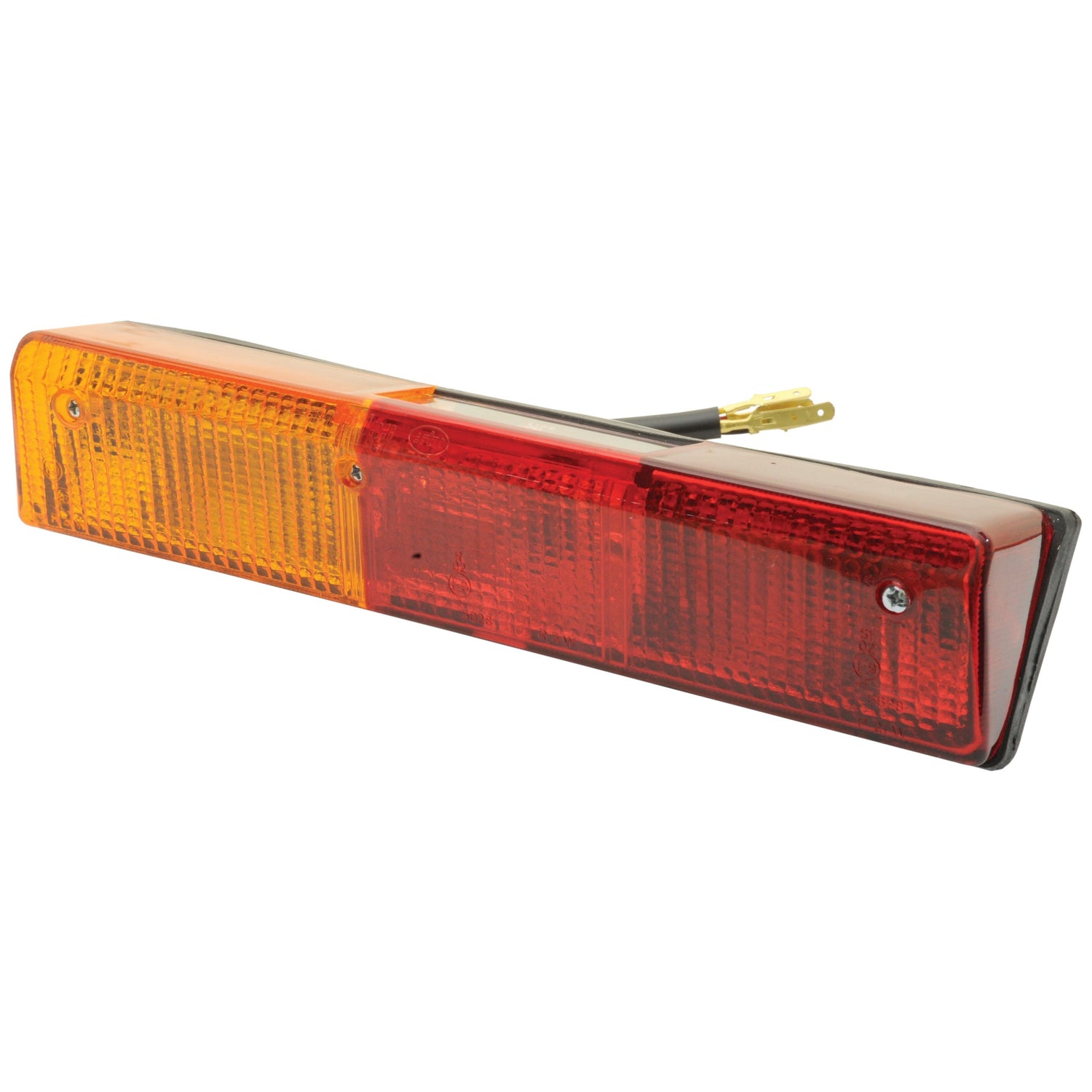 The Halogen Rear Combination Light 12V, LH - S.56274 by Sparex features a rectangular design with red, orange, and clear sections. It includes a black casing and an attached black wire with two metal connectors, ensuring enhanced visibility and reliability on the road.