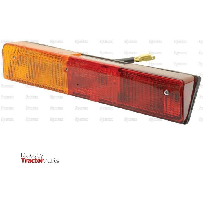 The Halogen Rear Combination Light 12V, LH - S.56274 features amber and red lenses, an electrical connector, and mounting screws. It has a base adorned with the "Massey Tractor Parts" logo in the bottom left corner and is designed for seamless integration with Sparex parts.
