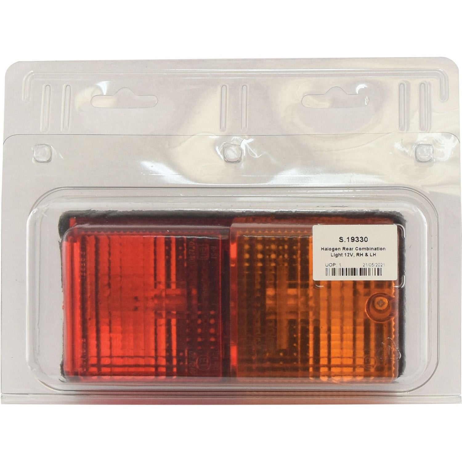 A packaged pair of orange and red rectangular lights, labeled "Halogen Rear Combination Light 12V, RH & LH - S.19330." The clear plastic packaging has a hanging slot at the top and features the durable Sparex brand.