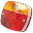 A close-up of a Sparex Rear Combination Light (Halogen), S.56089, featuring two red sections, an orange section, and two mounting screws. Suitable for 12V systems on both right-hand and left-hand sides with brake, tail, indicator, and number plate functions.