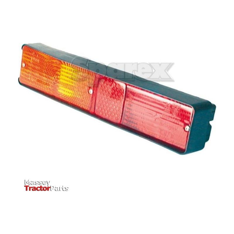 A Sparex Rear Combination Light (Halogen), featuring red and amber lenses, is designed for Massey tractors and includes a 12V brake, tail, and indicator light with both RH & LH functionality - S.71009.