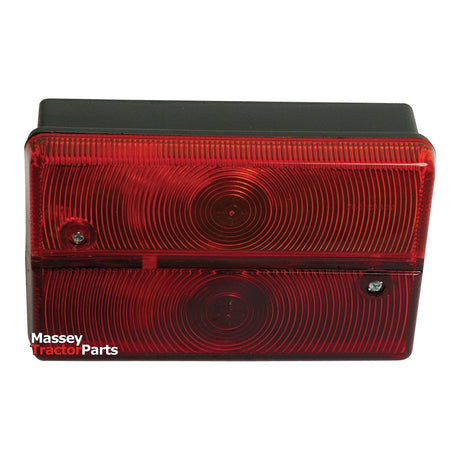 Red rectangular rear combination light by Sparex with "Massey Tractor Parts" text on the bottom left, featuring halogen bulbs for enhanced visibility, suitable for both tail and brake functions.