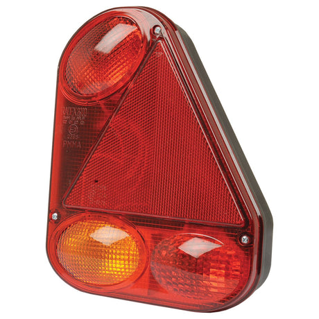 The Halogen Rear Combination Light 12V, RH - S.26639 from Sparex features a triangular design with red and amber lenses, multiple reflectors, mounting screws, and stud connections compatible with Sparex parts.