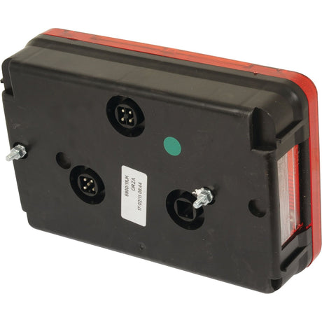 The Sparex Halogen Rear Combination Light 12V, RH - S.26644 features a sleek rectangular design in black and red, with two exposed screws. The back of the casing includes three circular connector ports and quick connectors for effortless installation.