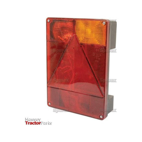 The Halogen Rear Combination Light 12V, RH - S.26650 by Sparex is a rectangular red and amber tail light with a triangular red reflector, commonly used on tractors or agricultural machinery. It features stud connections for easy installation, with text in the corner reading "Massey Tractor Parts.