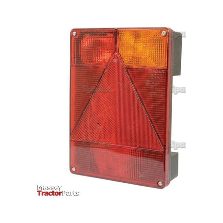 The Sparex Halogen Rear Combination Light 12V, RH - S.26652 is a rectangular vehicle tail light featuring red and amber sections with a triangular design in the center. The text "Massey Tractor Parts" is prominently displayed in the bottom left corner. It comes equipped with halogen bulbs and includes quick connectors for easy installation.