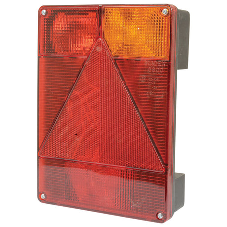 The Sparex Halogen Rear Combination Light 12V, RH - S.26652 is a red and amber rectangular vehicle tail light, equipped with a central red triangular reflector and quick connectors for easy installation.