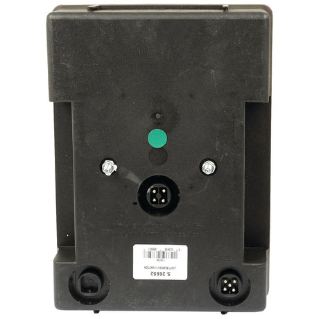 Rear view of the Sparex Halogen Rear Combination Light 12V, RH - S.26652 in black, featuring stud connections and a central green button. The device includes various pins, a barcode sticker with numbers at the bottom, and a quick connector for easy installation.