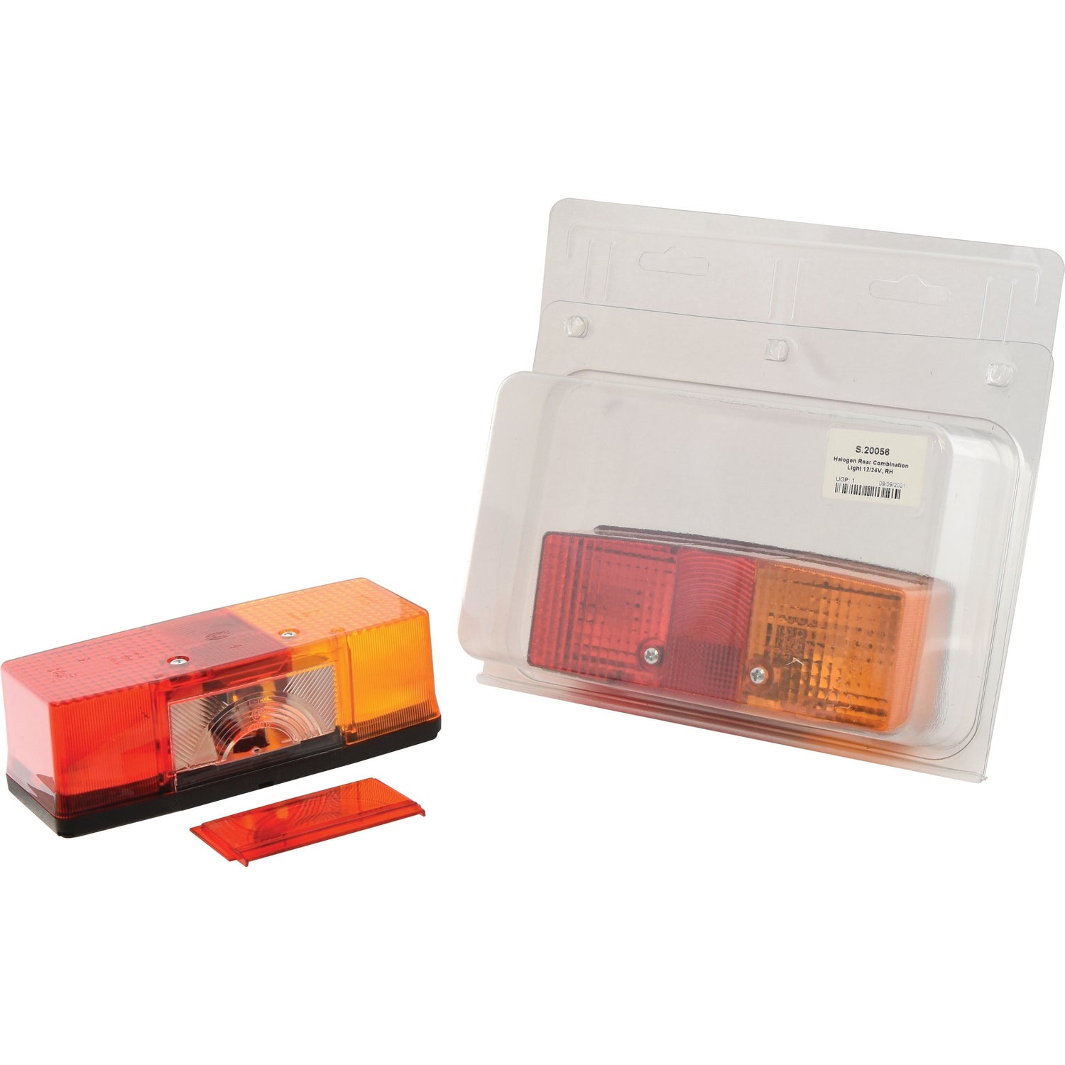 Packaged Sparex Rear Combination Light (Halogen) with amber and red lenses for Brake/Tail/Indicator functions. The halogen light, model S.20056, is positioned next to its packaging, which includes a spare lens, suitable for both 12V and 24V systems.